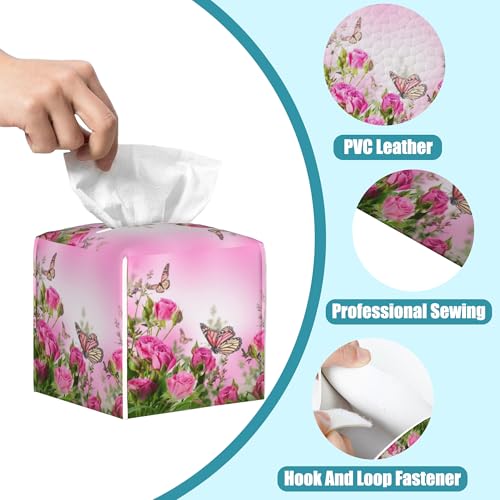 Roses Floral Bush Leather Tissue Holder,Flying Butterfly Square Tissue Box Cover,Modern Decorative Facial Tissue Paper Cover for Car Bedroom Nightstand Vanity Desk Office Table Top,5.2" x 5.2" x 5.2" - color: Roses Floral Bush