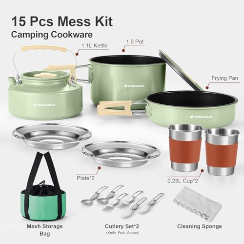 Odoland 15pcs Camping Cookware Mess Kit, Lightweight Pot Pan Kettle Set | Anodized aluminum, for hiking, outdoor cooking and picnic, 1.9L pot 0.8L kettle 0.86L pan mess kit, little compact pot set - style: Green