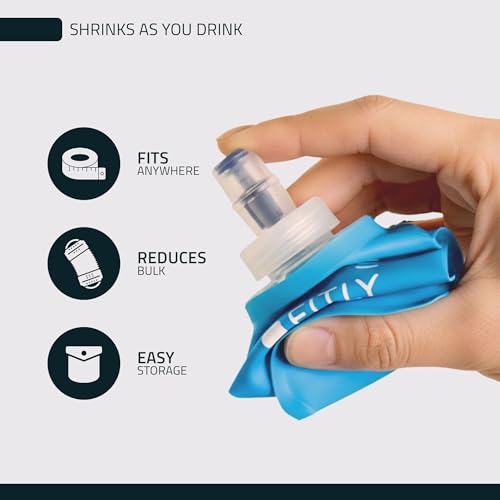 FITLY Soft Flask - Shrink As You Drink Soft Water Bottle for Hydration Pack - Folding Water Bottle Ideal for Running, Hiking, Cycling, Climbing & Rigorous Activity - color: Blue, size: 13.5 Ounces
