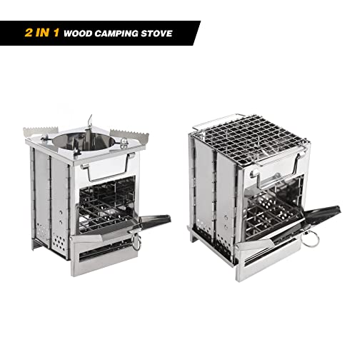 Portable Folding Camping Wood Stove for Outdoor Cooking, Sturdy Lightweight 304 Stainless Steel Wood Burning Camp Stove with Grill for Backpacking BBQ Small/Large (Small Grid and Pot Stand) - size: Small with Grid and Pot Stand
