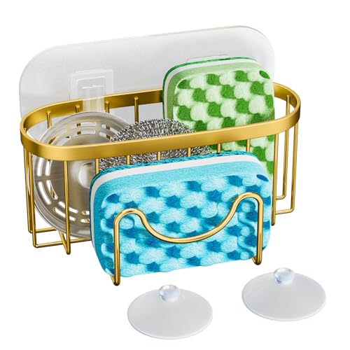 HapiRm Multifunctional Sponge Holder - 2 Installation Methods Sink Caddy with Unique M-shaped, Stainless Steel Kitchen Sink Organizer for Sponge, Brush, Stopper and Scraper - Gold - color: Gold, size: with M-shaped Holder