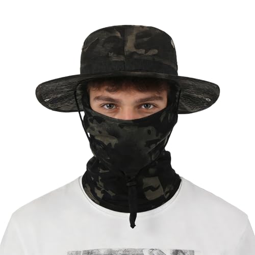 2PCS Camo Boonie Hat Balaclava Face Mask Wide Brim Sun Hat for Hunting Hiking Bucket Cap with Adjustable Strap - color: Black