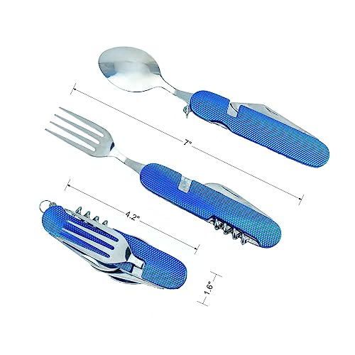 6-in-1 Multi-Function Camping Flatware Utensil Folding Knife Cutlery Detachable Pocket Kits with Carrying Pouch (Gold + Blue) - color: Gold + Blue