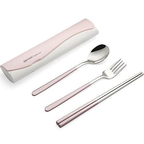 DEVICO Travel Utensils with Case, 4 Piece Portable Silverware Set for Work - color: Pink