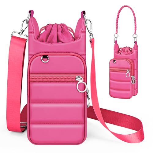 bvya Puffer Water Bottle Holder Quilted Sports Pouch Bag with Adjustable Shoulder Strap & Paracord Handle - color: Rose-red