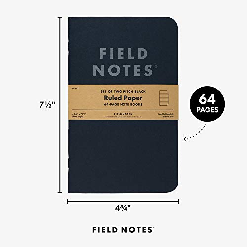 Field Notes 2-Pack Pitch Black Notebooks (4.75" X 7.5"), Ruled, 64 Pages | Thin Pocket Sized EDC Notebook With 90 GSM Paper & Paperback Cover | Work Notebooks For Note Taking | Made in the USA - size: Large Size (4.75" x 7.5") 2-Pack - Ruled Paper