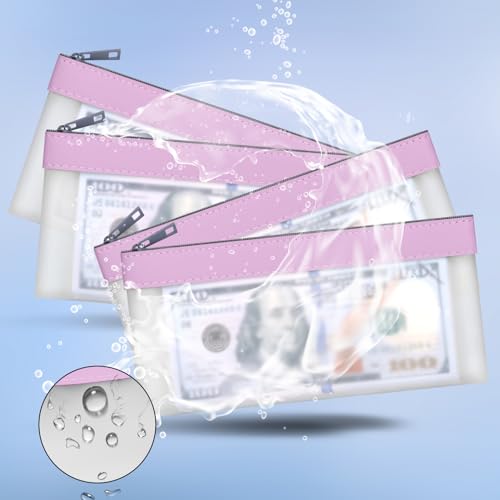 4 Pack Clear Money Envelopes for Cash Money Bag Pouch 7.6x3.7 inch | Waterproof TPU Money Bags With Zipper Cash Bag for Coin Invoice Bills Tools Cosmetics Rceipts School Supplies Gifts - color: Purple