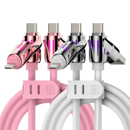 MFish 2-Pack 240W 4-in-1 Multi Charging Cable, Pink+White, 6.6FT | Carrying Case, USB-A & USB-C to USB-C/Lightning, For iPhone 17/16/15/14, MacBook, iPad, Laptop, Samsung S25/S24 - color: Pink+White, size: 2-Pack 6.6FT