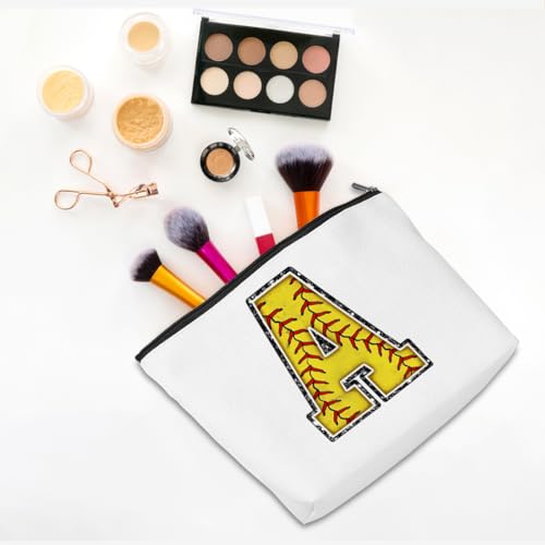 Softball Gifts Initial A Makeup Bag Softball Gifts for Team Cosmetic Bag | Letter A Monogrammed Zipper Pouch Softball Accessories for Girls Women Player Coaches Friend Graduation Birthday Gifts - color: Softball A, style: Softball