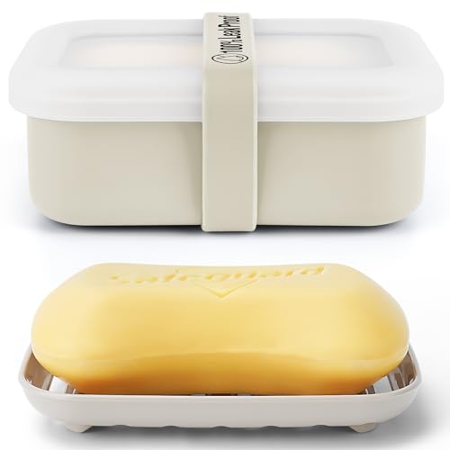 Compact Leakproof Travel Soap Case with Lid & Silicone Strap - Portable Draining Soap Bar Holder for Gym, Bathroom, Camping - Lightweight Silicone Soap Dish Container (Off-White) - color: Off-white