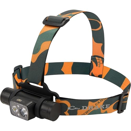 Drake Waterfowl EVO1500 Lumen Headlamp – Rugged Waterproof Aluminum Headlamp with Rechargeable Power Supply, Multi-Mode Light, and Lockout Setting - color: Old School Blaze