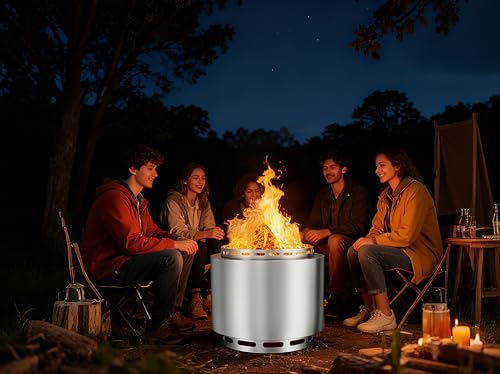 Gotland 19 inch Smokeless Fire Pit Stove with Ash Poker & Carry Bag, Outdoor Stainless Steel Portable Wood Burning Fireplace for Camping and Picnic - Silver - size: 19 inch