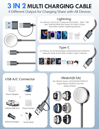 1Pack Travel Essentials for Apple Watch Charger,3-in-2 Multi Charging Cable | Cruise Vacation Camping Essentials for iPhone Charger,Type C/Lightning for iWatch,iPhone 17-12,Xbox Series X&S-4FT Black - color: Black, size: 1Pack-4FT