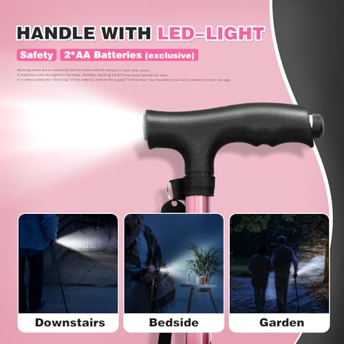 BigAlex Folding Walking Cane with LED Light,Pivoting Quad Base,Adjustable Walking Stick with Carrying Bag for Men/Women - color: Pink(4'9"-5'6")