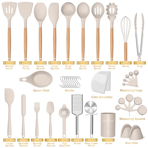 Silicone Cooking Utensils Set, 43Pcs Non-Stick Heat Resistant Kitchen Utensils Spatula Set with Wooden Handle for Baking, Cooking, and Mixing, Best Kitchen Gadgets Tools with Holder (Khaki)