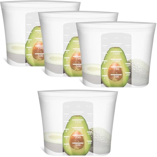 Large Reusable Food Bags 4 Pack, 1.5 Quart(50.7fl.oz) 100% Silicone Storage Bags Stand Up Zip Silicone Food Container, Freezer Microwave Oven Dishwasher Safe, Translucent - color: Translucent | Medium | 4 Pack