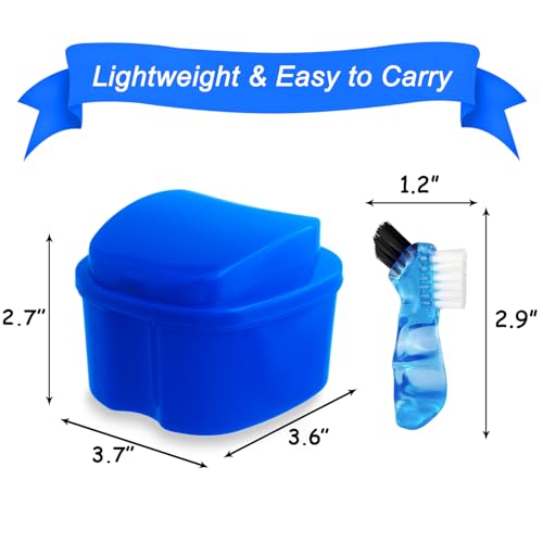 2 Pack Denture Bath Case Dental False Teeth Holder with Brush, Retainer Cleaning Case Denture Bath Cup Storage False Teeth Travel Case with Strainer - Purple and Dark Blue - color: Purple & Dark Blue
