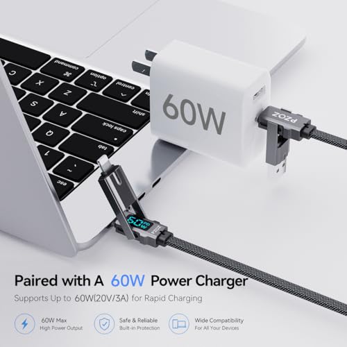 pzoz 4-in-1 Multi Charging Cable with LED Display, One Cable for USB-C & Lightning Devices, 60W Fast Charging Cord, USB A/C to USB C/Lightning for iPhone 17/16/15, iPad, MacBook, Samsung(5 ft) - style: 60W