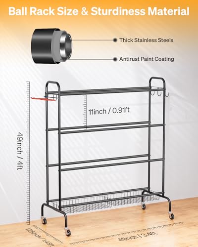 EXTCCT Basketball Rack with Wheels, 4 Tier Garage Ball Storage Organizer | Heavy duty rolling balls cart with two basket storage, ball holder, Sports equipment organized for outdoor, indoor, Grey - color: Standard Grey