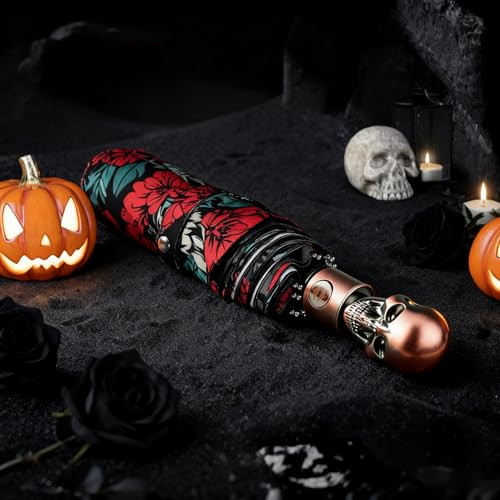 Skull Handle Windproof Travel Umbrella Compact Portable, Auto Open Close | Luxury Gothic Skull Grip with One-Touch Automatic Open, Wind Resistant and Sturdy for Rain, Lightweight to Carry Daily - color: 01.Rose