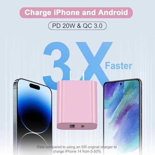 USB C Charger Block, iPhone 16/15 Charger Block [3 Pack] 20W Dual Port QC+PD 3.0 Power Adapter Multiport USB A Fast Charging Plug for Apple iPhone 16/16 Pro/16 Pro Max/16 Plus/15/14/13/12/11/iPad-Pink - color: Pink