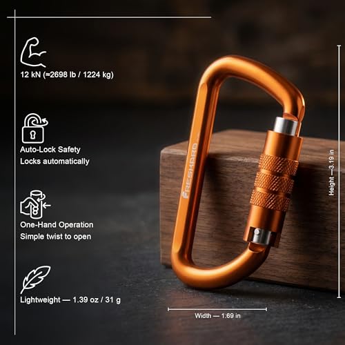 FresKaro 3inch 12kN-2698lbs Auto Locking Carabiner Clips, Solid D Shape, Heavy Duty 7075 Aluminum, Lightweight 1.09oz, Rust Proof, for Hammock, Hiking, Dog Leash, Keychain etc., Multi-Colors - color: Orange-3pcs