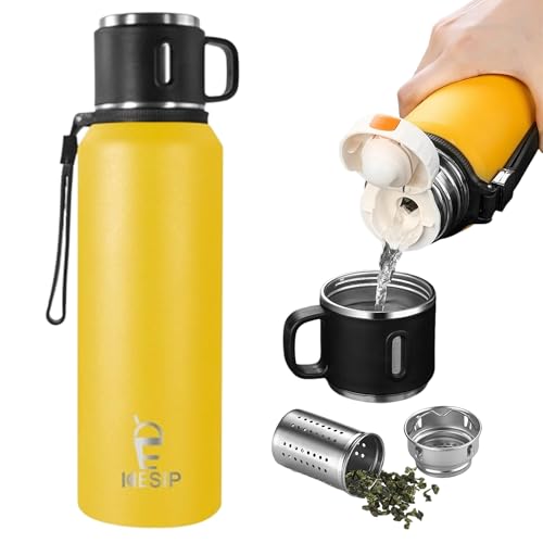 Stainless Steel Insulated Bottle, 33oz with cup Vacuum Insulated Water Bottle, Thermo for Hot Drinks/Cold Drinks,24-Hr Insulation Commute, Travel - color: Yellow, size: 33 Ounces
