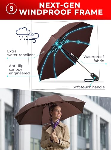 Raintrend Windproof Travel Umbrellas for Rain Automatic +10% Bigger Canopy Strong Frame Compact Folding Portable Umbrella for Women Men Backpack Purse - color: T1 Brown