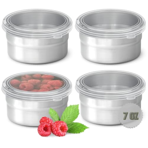 TAVVA 4 X 7oz Stainless Steel Snack Cups, Metal Lunch Boxes, Leakproof Lids | BPA free, 304 steel, silicone lids, dressing and dip cups, portable and reusable, lightweight, dishwasher and freezer safe - size: 7oz [Clear]