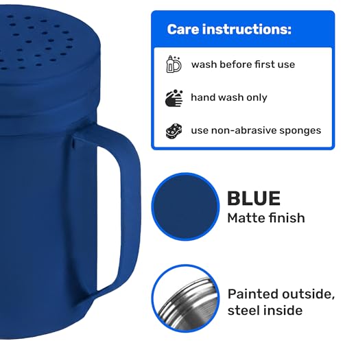 CUSINIUM 14oz Navy Blue Stainless Steel Salt Pepper Dredge Shakers - With Plastic Cap - With Handle - Pack of 2 - color: Navy Blue, size: 14 Oz
