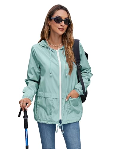Hount Women Rain Jacket Lightweight Waterproof Packable Raincoat with Hood - color: Light Green, size: XX-Large
