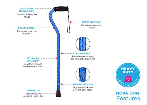 NOVA Heavy Duty Bariatric Walking Cane for Seniors, Men & Women – 500 lb Weight Capacity Offset Cane, Lightweight Adjustable Walking Stick with Soft Foam Grip, Wrist Strap & Non-Slip Tip - color: Silver