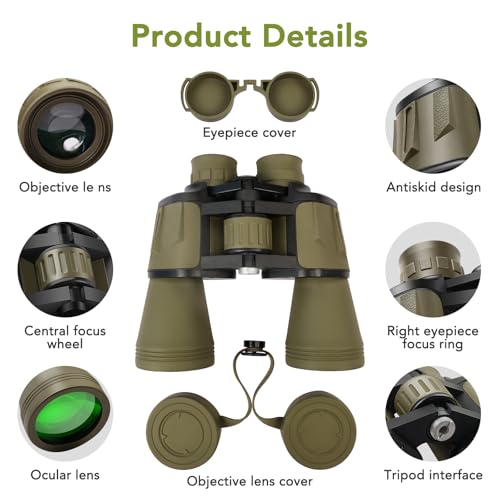 20x50 Binoculars for Adults High Powered, Military Compact HD Waterproof Binoculars with Low Light Vision for Bird Watching Travel Hunting Football Games Stargazing with Carrying Case and Strap(Mud)