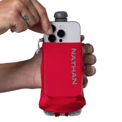 Nathan SpeedDraw 2 Insulated Handheld Running Water Bottle Flask – Double-Wall Insulation, Ergonomic Grip, Blast Valve Cap, Phone & Key Storage Pockets, Reflective Design - 12oz Insulated - Ribbon Red - color: Ribbon Red 12oz Insulated