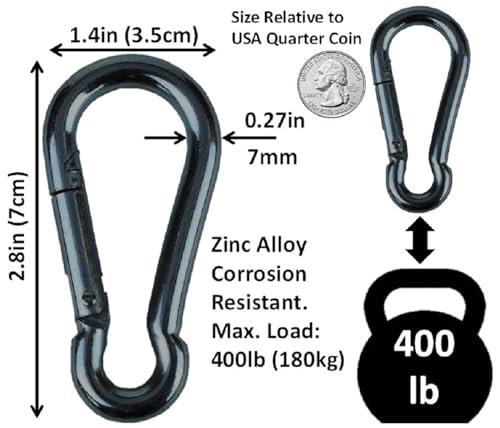 Black & Silver Zinc-Galvanized Heavy Duty Bushcraft Carabiner Spring Snap Clip Link Hooks 200-500lb Load 2, 6 & 12 Packs - color: 7cm (2.8in) Black 2 Pack