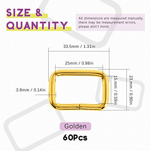 Swpeet 60Pcs 1 Inch / 25mm Heavy Duty Metal Ring Buckle Webbing Belts - color: Gold, style: Metal Rectangle Ring