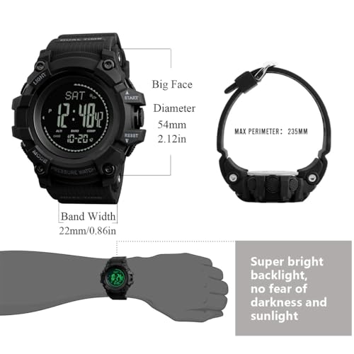 Watch Compass, Altimeter Barometer Thermometer Temperature, Pedometer, Military Army Waterproof Outdoors Sport Digital Watch for Men - color: Black-A