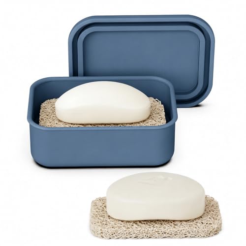 Leakproof Silicone Bar Soap Travel Container Case with Soap Saver Pad | Portable Soap Holder Dish for Shower Bathroom Sink Traveling, Shampoo and Conditioner Bar Holder Travel Essentials, Navy Blue - color: Navy Blue