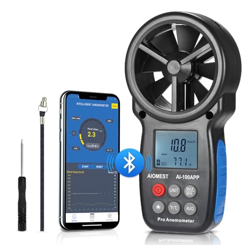 Anemometer Bluetooth 65MPH, AIOMEST HVAC Air Flow Wind Meter CFM AI-100APP | Data Logging, Handheld Wind Speed Gauge Measuring Air Velocity & Temp, BFT Scale, Anemometro for Airflow Balance, Drone, Golf - color: AI-100APP Bluetooth Anemometer