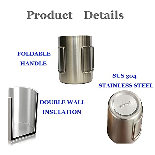 Stainless Steel Camping Coffee Mugs Set of 2,Insulated Camping Cup with Foldable Handle & Mesh Bag,Double Walled Metal Backpacking Cup for Outdoor Hiking（14oz） - style: Classic