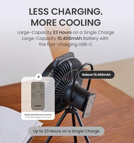 Claymore V1040 Black Rechargeable Portable Fan – 10,400mAh Power Bank Function Remote Control 4-Speed Quiet BLDC Air Circulator USB-C Charging 23 Hrs Runtime for Camping, Indoor, Outdoor - style: V1040 (Black)