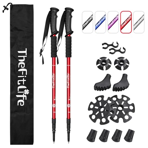 Telescopic Trekking Poles for Hiking, Anti-Shock Nordic Walking Sticks - color: Red