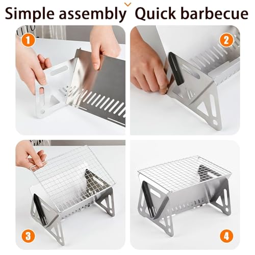 Outdoor Stainless Steel Camping Grill Folding Barbecue Grills Mini Portable Camping Grill with Bamboo chopsticks/Storage bag, Small Assemblable Removable BBQ Grill Tabletop Fire Pit for Camping Patio
