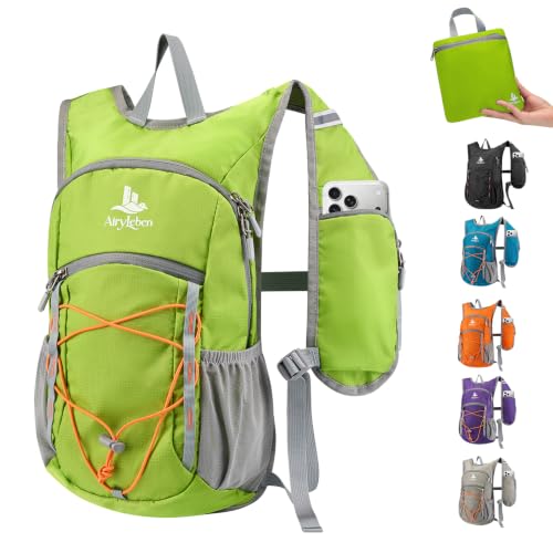 14L Small Hiking Backpack, Packable Travel Daypack for Men Women | Lightweight, Quick-Access Phone Pocket, Breathable, Water Resistant, Adjustable Straps, Emergency Whistle, Commuting Cycling - color: Green