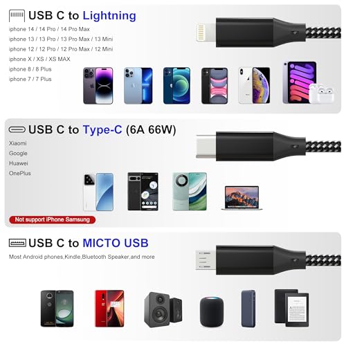 USB-C to Multi Charging Cable 10ft - 60W 3 in 1 Charging Cable for Multiple Devices, Nylon Braided Universal 3 in One Charger Cord with USB C, Lightning & Micro USB, for iPhone17-5/Android Phones