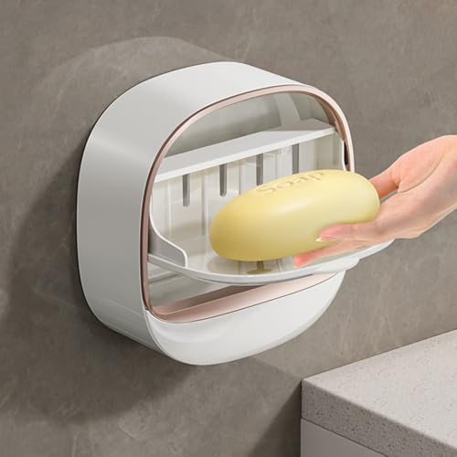 Flip Top Soap Holder with Drain – Wall Mounted, No Drill Self-Draining Soap Dish for Shower, Bathroom & Kitchen, Easy Install & Removable - White