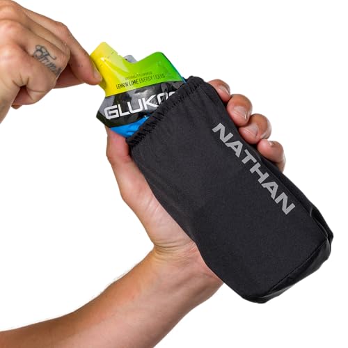 Nathan Handheld Soft Flask 18oz - Exo-Draw Insulated Collapsible Bottle - Grip-Free Strap & Rigid ExoSpine for Comfort/Support - Breathable Mesh Strap - Ideal Running/Hiking, Pinnacle, Black - color: Black, style: 18oz Insulated