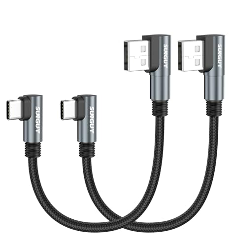 SUNGUY Right Angle USB C Cable Short 0.5FT, 2Pack Dual 90 Degree USB A to USB C Cable for Gaming, Switch, Tight Spaces, Type C Fast Charging Cable Braided for iPhone 17/16/15, Quest 2, Samsung - size: 0.5FT