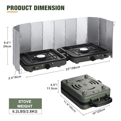 2 Burner Camping Stove with Windscreen, 12 Plates Foldable Portable Aluminum Camping Stove Windshield, Folding Gas Stove with 17200 BTU Adjustable Burners, Suitable for Propane & Butane - color: Green with Windscreen