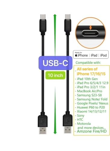10-Pack Multi Short USB Cables & TypeC-C Cables for Charging Stations Compatible/w iPhone17,16,15, iPhone14-5/ iPads/iPad mini/iPad Pros/Samsung Moblies & Tablets/Pixel & Nexus/HTC/Sony(Black) - color: Black